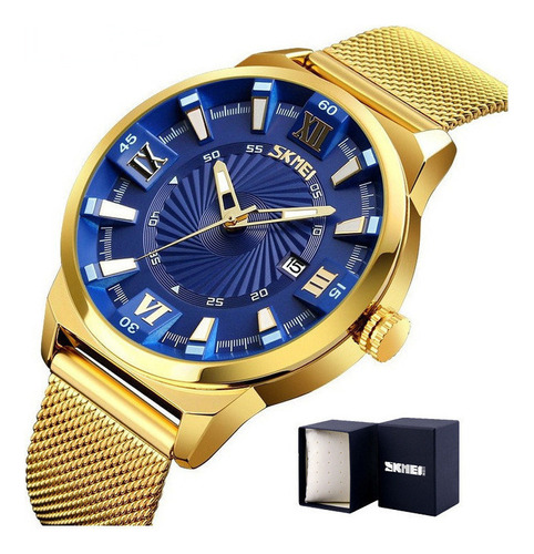 Reloj de cuarzo Skmei con cinturón de malla de lujo y calendario con fondo azul