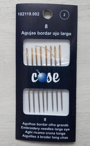 Agujas Para Bordar Ojo Largo, 8 Piezas No. 2 