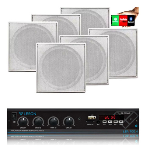 Kit Som Ambiente 7000 + 6 Arandelas Bt Quadrada Gesso Teto