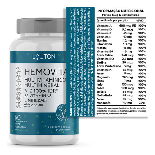 2x Multivitamínico Hemovital Lauton 60 Cápsulas Sabor Sem Sabor