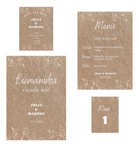 Kit Imprimible Menu, Bienvenida, Invitación, Numeros Kraft