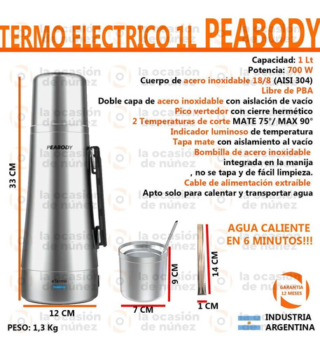 Imagen 2 de 7 de Termo Peabody Acero Inoxidable Mate Y Bombilla 1 L Electrico