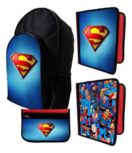 Mochila +2 Carpetas+ Cartu De Superman #552