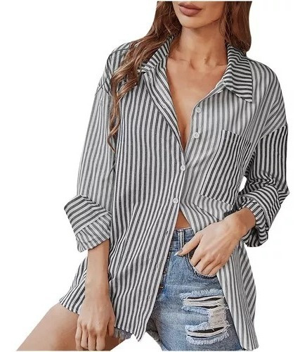 Camisa Para Mujer Verano Rayas Cuello En V Manga Larga 