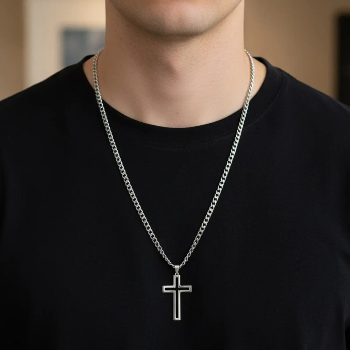 Corrente Masculina Prateada Grumet Crucifixo Em Aço Inox Prateado