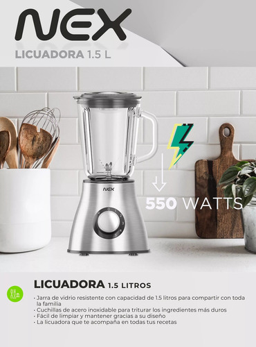 Licuadora Nex 1.5 Litros Acero Inoxidable 5 Velocidades