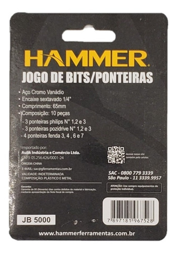 Imagem 2 de 2 de Kit Bits Ponteira Parafusadeira/furadeira Longa 10pc Hammer