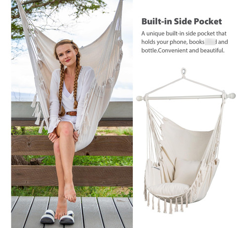 Silla De Hamaca Colgante Extragrande Con Cojines Blanca