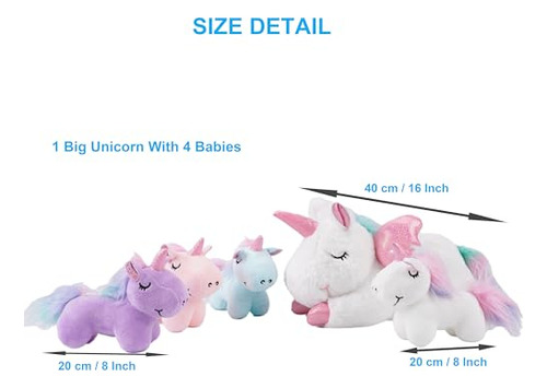 Juego De Peluches Unicornio 16 Pulgadas Con 4 Bebés Arco Iri