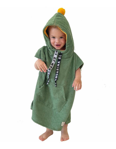 Imagen 1 de 4 de Poncho Toalla 4 A 6 Años Verde Musgo C/ Mostaza
