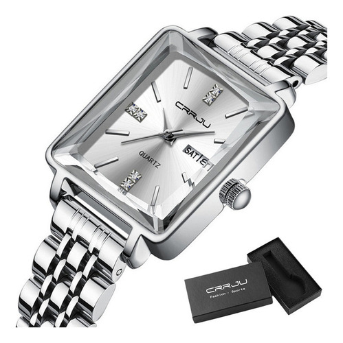 Relojes Crrju Calendar Diamond Square de acero inoxidable, color correa, plata