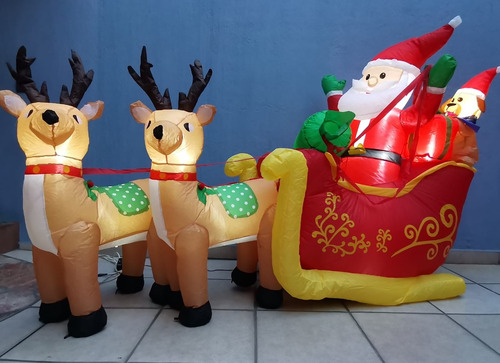 Inflable Santa En Trineo Y Oso Con Gorro Luz Led