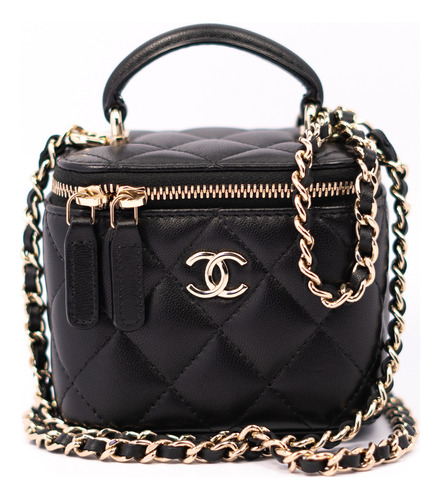 Mini Bolso Chanel Vanity Original Con Certificado Entrupy Negro Acolchado Metal Negro/plata (Usado)
