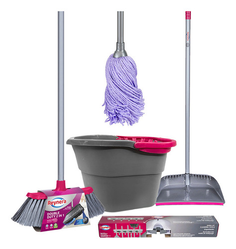 Kit Escoba Mop Colgador De Escobas Cubeta Recogedor Reynera Gris Oscuro