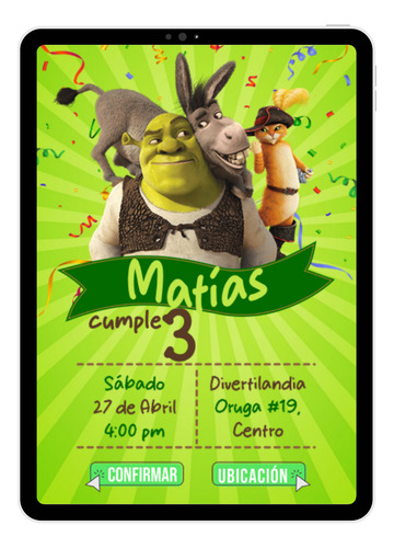 Invitación Digital Infantil Pdf Botón Confirmación Ubicación Shrek