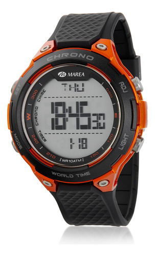Reloj Digital Marea Watch B44107 Deportivo Sumergible Correa Negro Bisel Naranja Fondo Gris