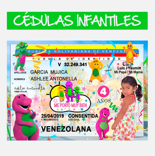 Cédula Infantil Diseño Barney, Juguetes Para Niños