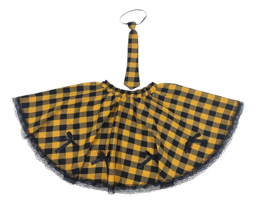Fantasia Saia Junina Xadrez Godê - Com Renda + Gravata Xadrez Amarelo E Preto Renda Preta Cintura 70cm Ate 100cm