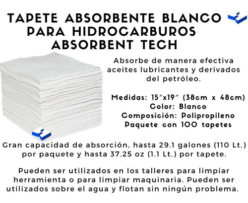 Tapete Absorbente Blanco Hidrocarburo 15 X19 Paquete 100 Pz