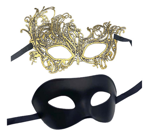 2 Pcs Máscara Masquerade Máscara Mardi Gras Ouro E Preto