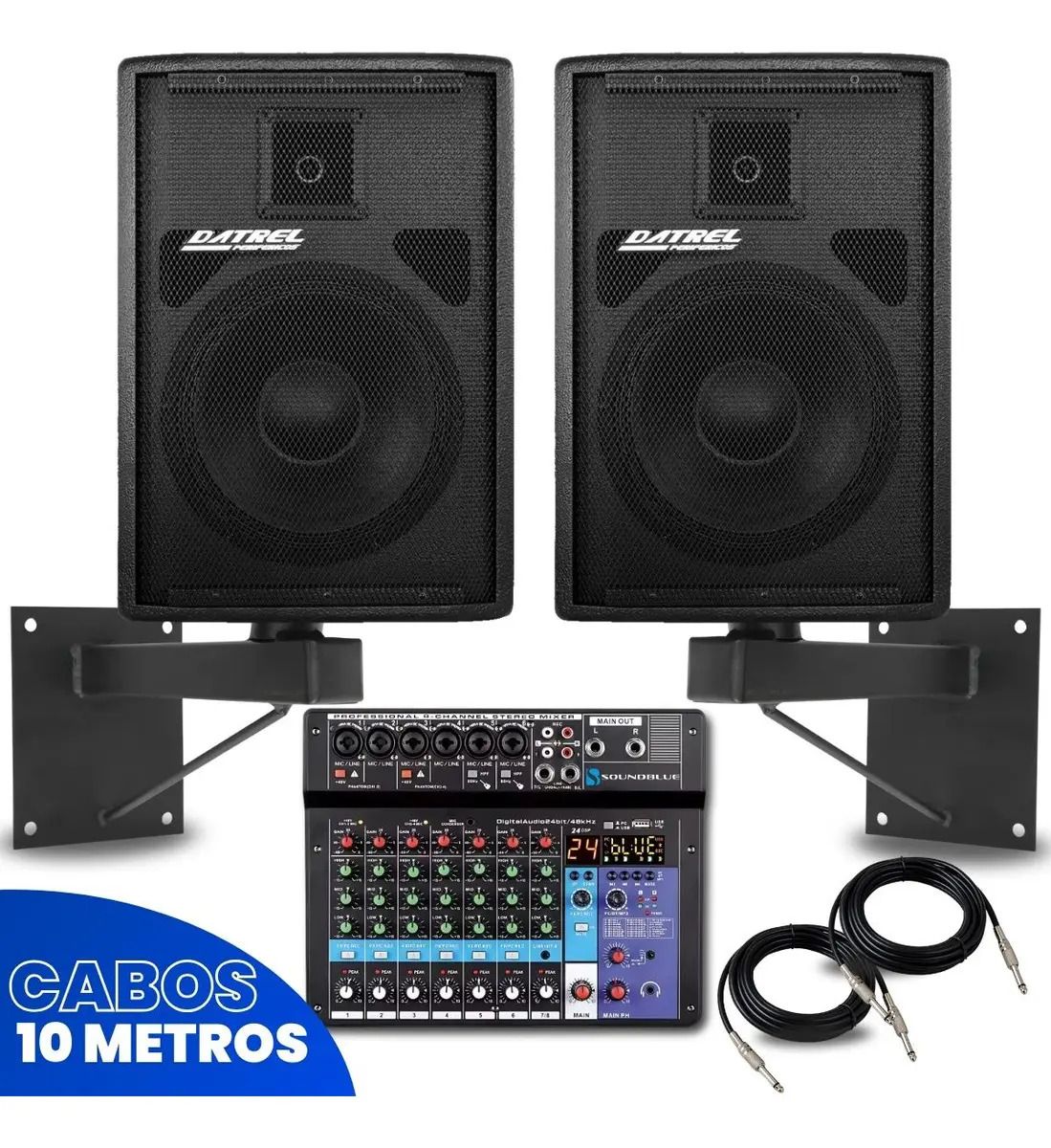 Kit 2 Caixas Som 500w 12 Polegadas Amplificada Ativa Passiva Acustica Profissional Datrel Console Mesa Som 8 Canais Bluetooth Usb 2 Suporte Parede Sistema Audio Completo Igreja Evento Dj