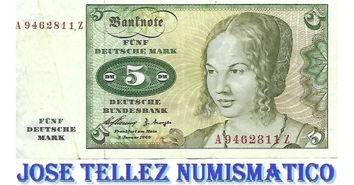 Alemania Billete 5 Marcos Año 1960 Mb+ Palermo