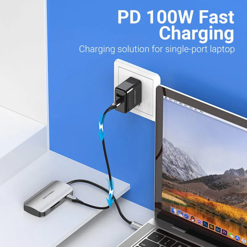 Hub Usb Multipuerto Vention - 6 En 1 - Usb C + 3 Puertos Usb 3.0 + Lector De Tarjetas Sd / Tf + Power Delivery 100w Usb C - 5gbps Carcasa Aluminio - 15 Cm - Premium Para Pc / Mac / Laptop - Tnhhb