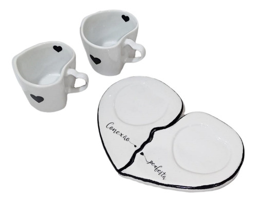 Kit Xicara Com Pires Coracao 2 Peças Porcelana Branco Preto Coração