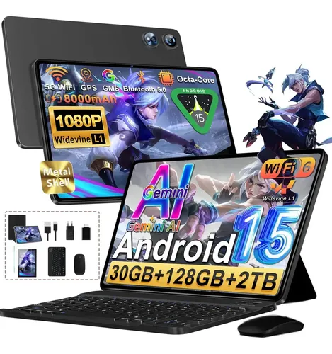 2026 Tablet 10 Android 15 Gemini Ai Tablet Com 30 Gb De Ram+128 Gb Rom/tf 2Tb, Octa-core 2,0 Ghz, 8000 Mah, 5g Wifi,Gms Widevine L1 Fhd, 8+5 Mp, Bt 5.0, Gps, Capa, Teclado E Mouse - Preto