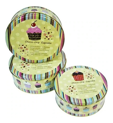 Set De 3 Canister Redondos De Metal Diseño Cupcakes