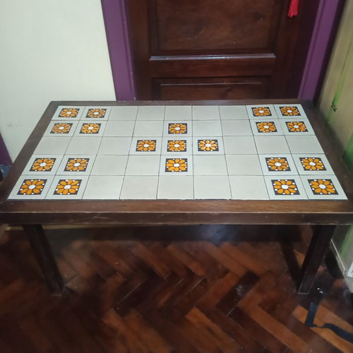 Mesa Living Vintage Madera Y Azulejo Usada