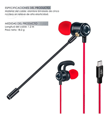 Soku CEL-G3UCB7BH - Auriculares Audífonos In-ear Gaming Juego Mic Hifi Tipo C Color Rojo