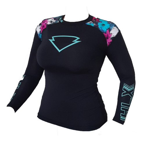 Blusa Segunda Pele Feminina Moto Caveira Flores Azul Hlx