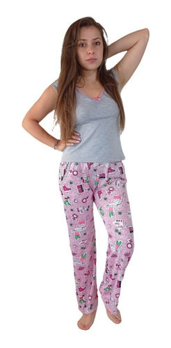 Pijama Pantalón Largo Blusa Manga Corta Lycra Algodon Dormir