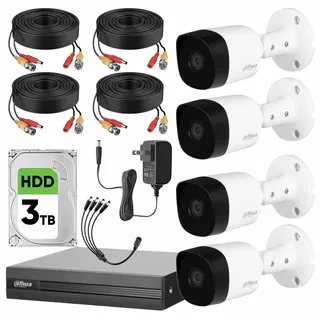 Dahua Kit Video Vigilancia 4 Cámaras 2 Mp + Disco Duro 3 Tb Cámaras De Seguridad Con Detección De Movimiento Kit Cctv Con Accesorios Incluidos