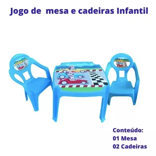 Jogo mesinha infantil com duas cadeiras de plástico tematica na