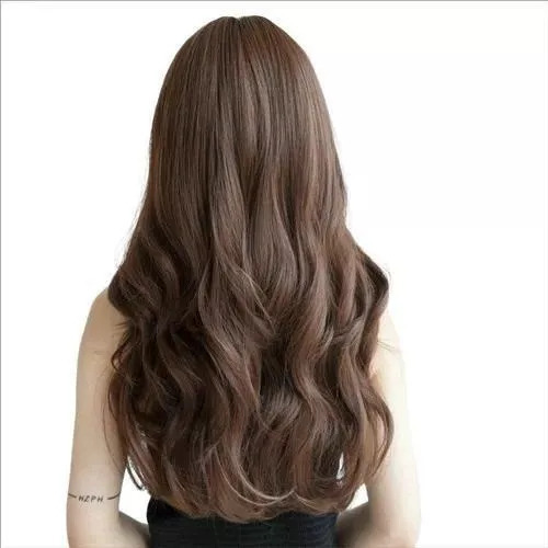 Peluca De Cabello Humano Largo Y Rizado Marrón Con Flequillo