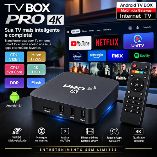 Tv Box Smart Pro 4k Android Wi-fi 5g Tv Youtube Netflix Aqp Aaatop Preto Padrão