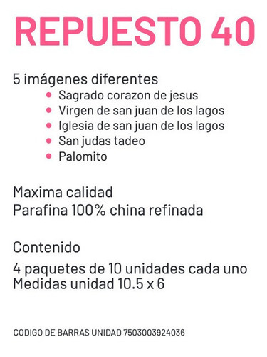 Caja De 40 Veladoras Cono Con Imagen , 100% Parafina
