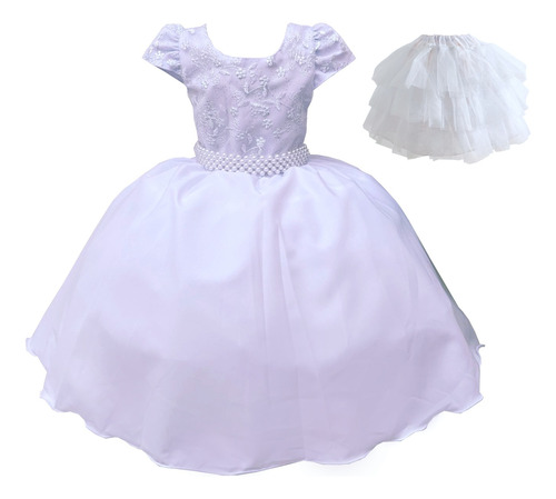 Vestido Infantil Branco Luxo Renda Rodado Festa Com Saiote 