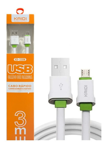 Cabo Carregador Micro Usb V8 Turbo Rapido Kaidi 3 Metros Cor Branco