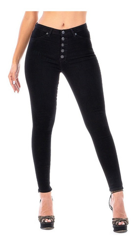 Imagen 1 de 10 de Pantalón Jeans Mujer Negro Mezclilla Stretch Cierre Botones