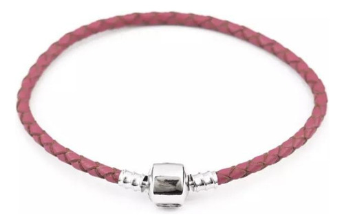 Pulseira De Berloques Couro Pink Escuro Fecho Banho Prata