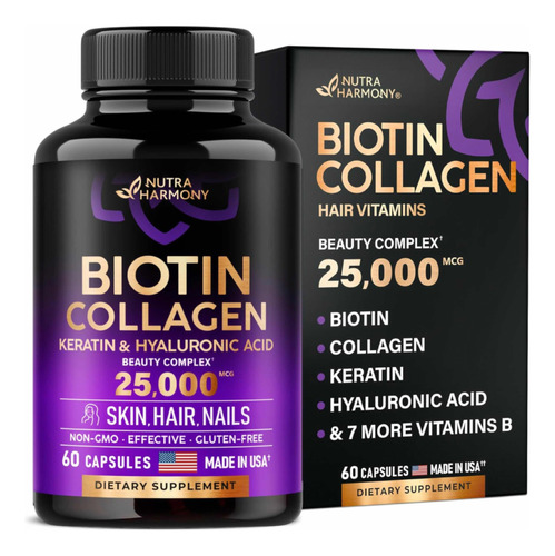 Biotin 25,000 Colageno Keratin Acido Hialuronico Made In Eu