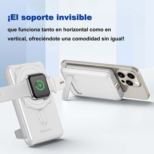 SAIVIEK Power Bank Inalámbrico 10000mah PD 22.5W, 3 En 1 Magsafe Compatible Para AppleWatch,AirPods,iPhone16/15/14 Serie,Con 2 Cables Tipo C 20w Y Lightning 15w Incorporados,Con Pantalla Led, Blanco