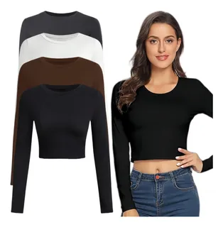 4pcs Playera Manga Larga Para Mujer Slim Fit Cuello Redondo