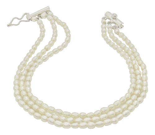 Pulseira 3 Fios Pérola Rústica Arroz Água Doce Natural Prata