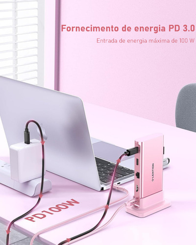 Adaptador Hub Usb C P Lention Dockstation 9 Em 1 4khdmi 3*usb3.0 100w Carregamento Rápido Rj45 Cor Rosa