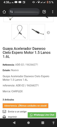 Guaya Acelerador Daewoo Cielo Espero Motor 1.5 Lanos 1.6l
