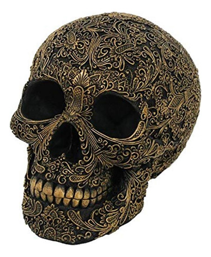 Pacific Giftware Cráneo Tallado Negro Con Arreglo Floral Dor